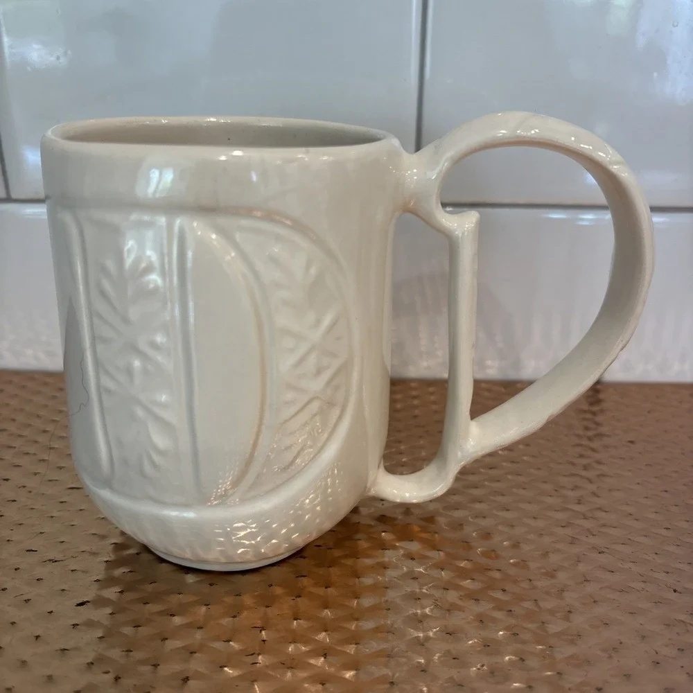 Pottery Barn A-Z Monogram Raised Letter D Coffee Tea Cup Mug Ornate Handle Ivory